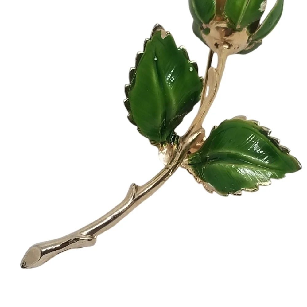 GIOVANNI VINTAGE VIBRANT ORANGE & GREEN ENAMELED GOLDTONE LONG STEM ROSE PIN